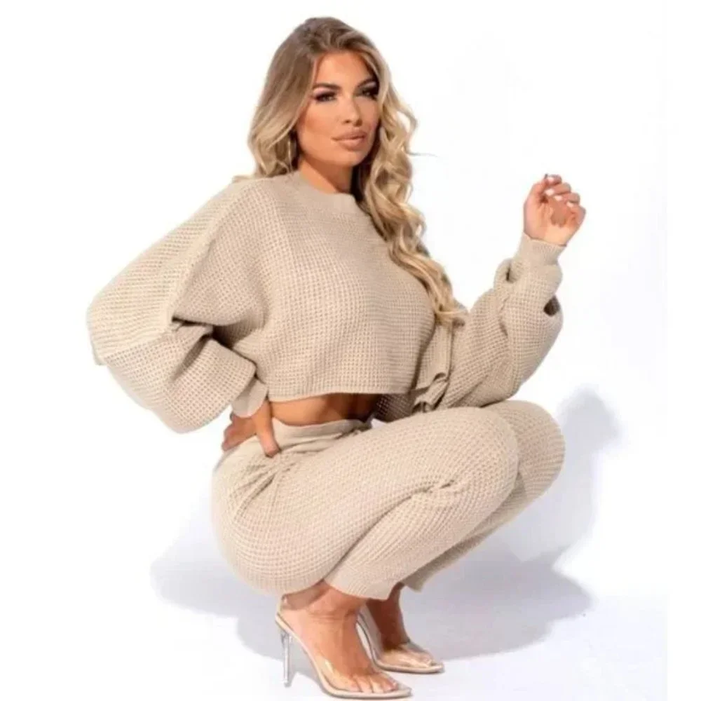 Beige Knitted Long Sleeve Sweater Crop Top and High Waist Pants Two Piece Set - Picture 12 of 17